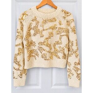 idem ditto Women’s Ivory/Gold Knit Crewneck Sequin Raglan Pullover Sweater S